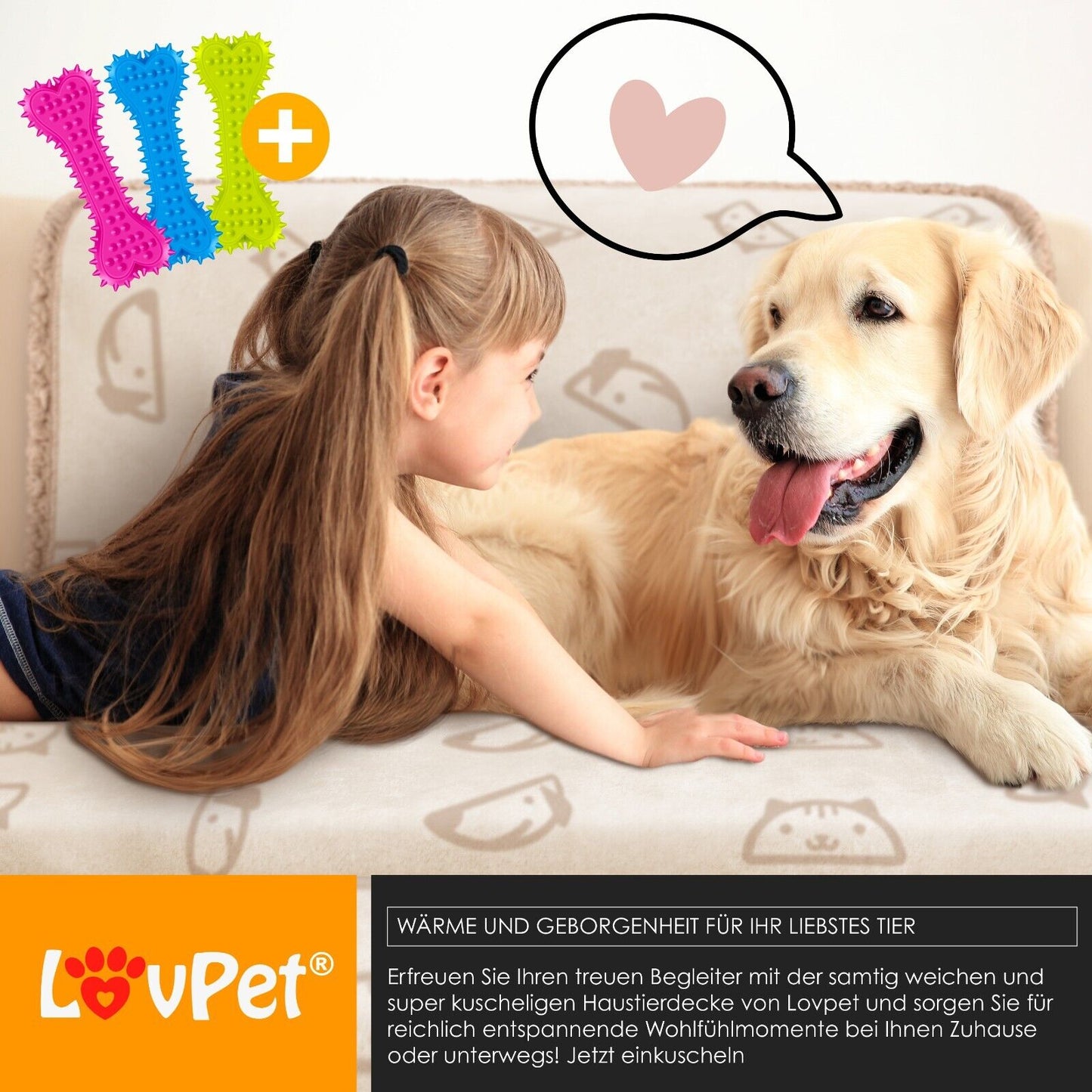 LOVPET® Hunde Decke Wasserdicht Haustier Trockenbett Fleece, 3X Spielzeugknoch